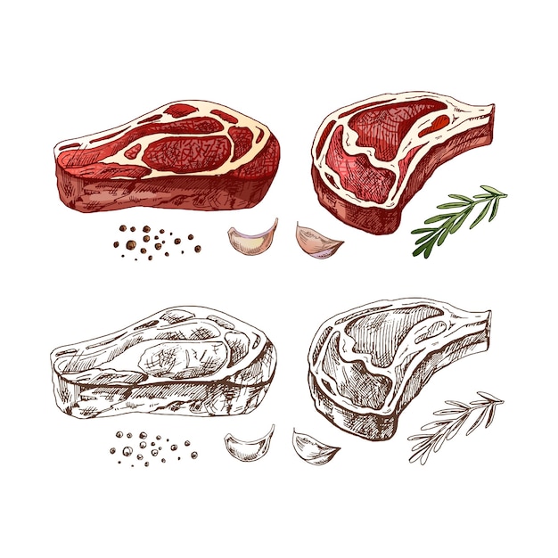 Esbozo vectorial coloreado a mano de un trozo de carne de carne de res con ajo de romero y granos de pimienta