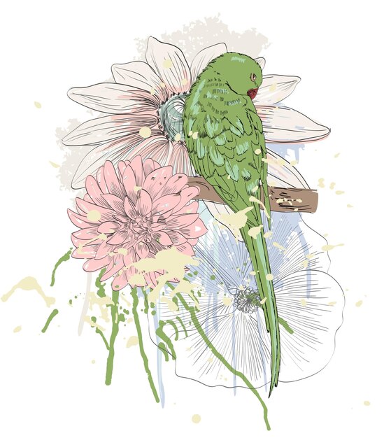 Esbozo vectorial de un loro con flores Ilustración dibujada a mano