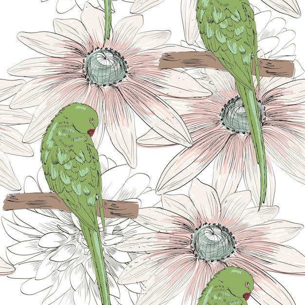 Esbozo vectorial de un loro con flores Ilustración dibujada a mano