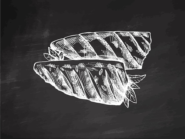 Esbozo vectorial monocromático dibujado a mano de una ilustración de peces de barbacoa en fondo de pizarra