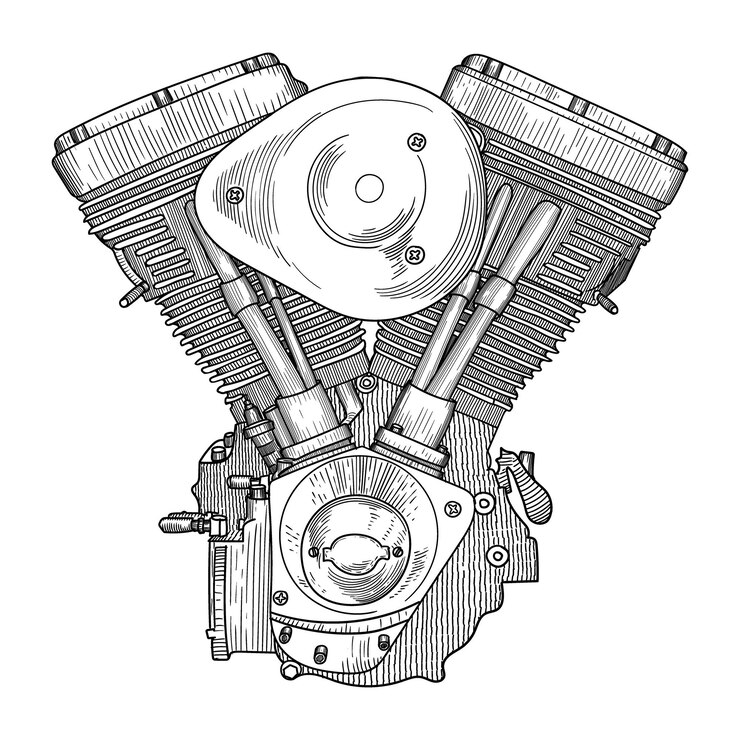 Vector esbozo vectorial de motor de motocicleta de dos cilindros aislado sobre un fondo blanco