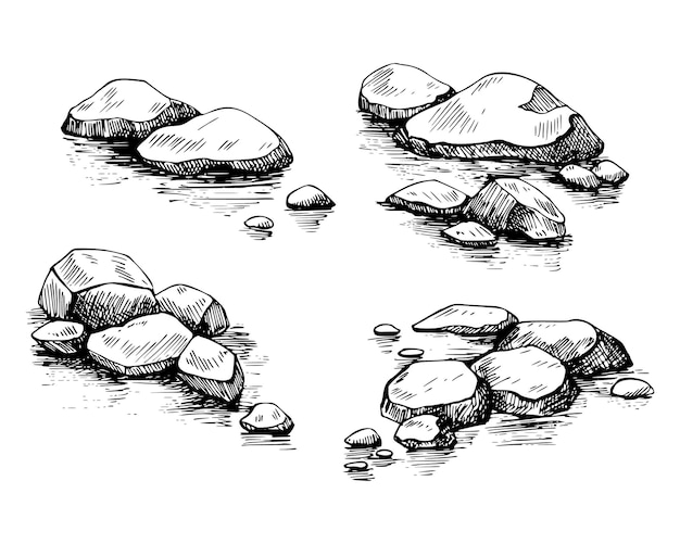 Esbozo vectorial de piedras Ilustración dibujada a mano con pintado con tintas negras Dibujo monocromático