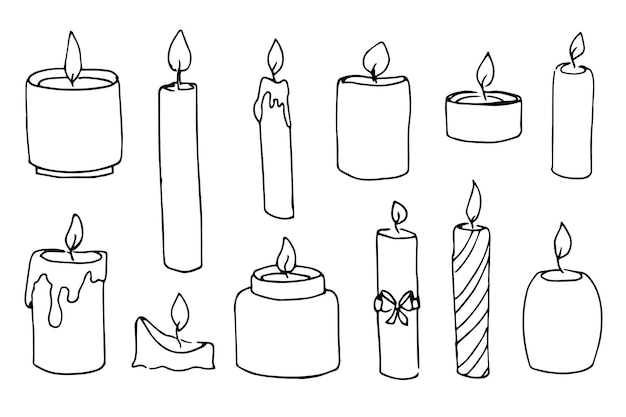 Vector esbozo de velas ilustración vectorial dibujada a mano con luz de velas en estilo garabato para diseño de navidad o cumpleaños dibujo de contorno simple para icono o logotipo línea negra sobre fondo blanco aislado