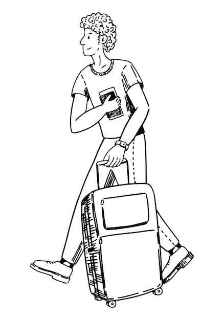 Vector esbozo de viajero clipart turístico doodle de un hombre caminando con una maleta ilustración vectorial dibujada a mano