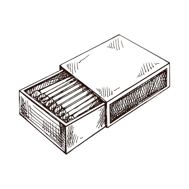 Esbozo vintage dibujado a mano de una caja de cerillas y cerillas de madera