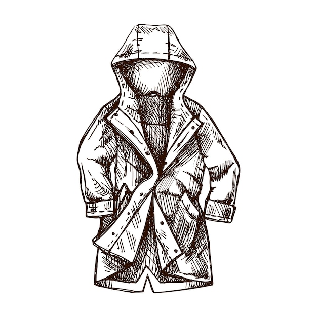 Esbozo vintage dibujado a mano de una chaqueta de impermeable con capucha ilustración vectorial aislada