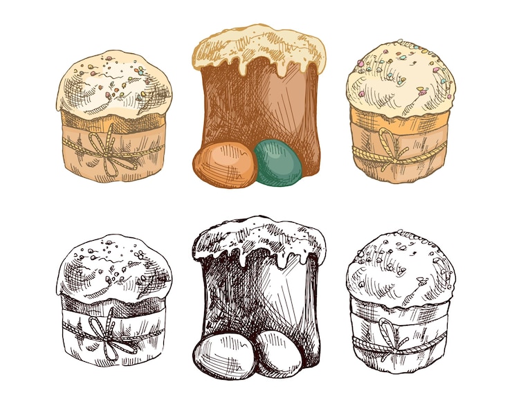 Vector esbozo vintage dibujado a mano de colores y negros de pasteles de pascua con huevos xaxa