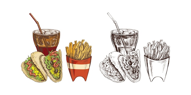 Esbozo vintage dibujado a mano de una combinación de comida rápida con tacos fritos y bebidas gaseosas de color y monocromático