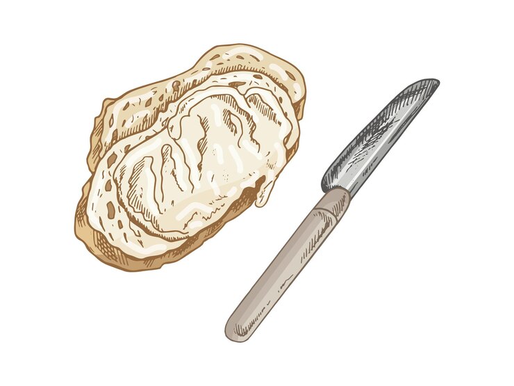 Vector esbozo vintage dibujado a mano de un cuchillo para esparcir tostadas con mantequilla y pan en rebanadas en color aislado