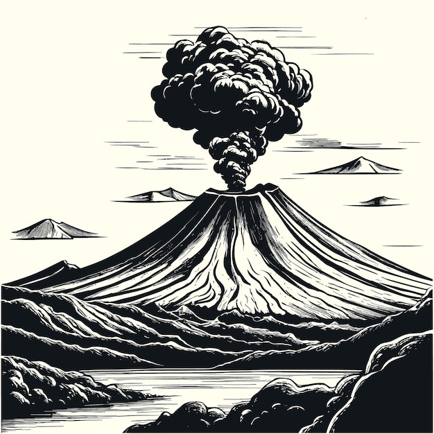 Esbozo de un volcán vectorial arrojando lava dibujado a mano en una ilustración vectorial de estilo doodle