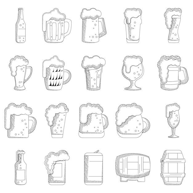 Esbozos de cervezas antiguas Conjunto de iconos Vector
