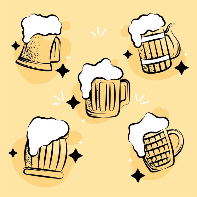 Esbozos de cervezas antiguas Conjunto de iconos Vector