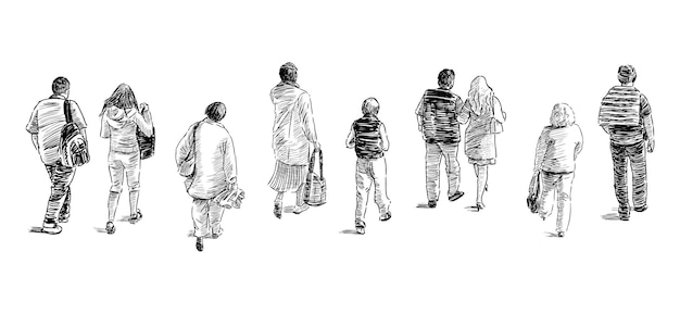 Esbozos de ciudadanos casuales peatones gente caminando en la calle de la ciudad vector de vista trasera