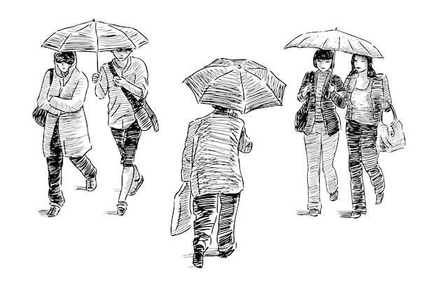 Esbozos de ciudadanos casuales peatones bajo paraguas caminando por la calle de la ciudad vector realista