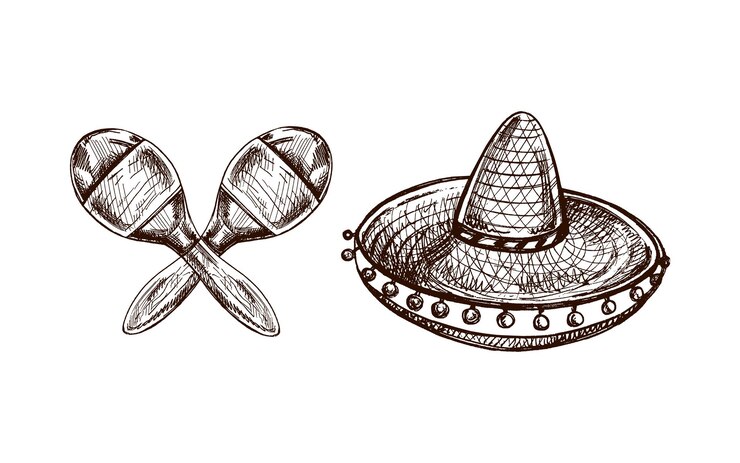 Vector esbozos dibujados a mano de maracas y sombreros de la cultura mexicana