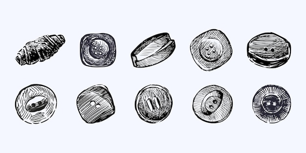 Esbozos de diferentes botones de costura para ropa dibujos a mano ilustración vectorial aislados