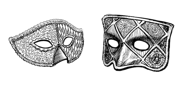 Esbozos de dos máscaras decorativas venecianas de mascarada vectoriales dibujadas a mano