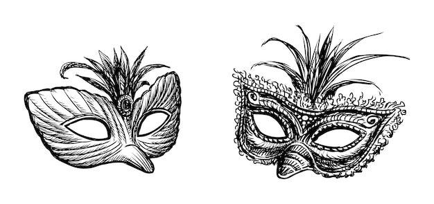 Esbozos de dos máscaras de mascarada venecianas vintage, ilustración vectorizada dibujada a mano aislada en blanco