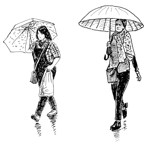 Esbozos de dos mujeres de la ciudad casuales peatones bajo paraguas caminando bajo la lluvia