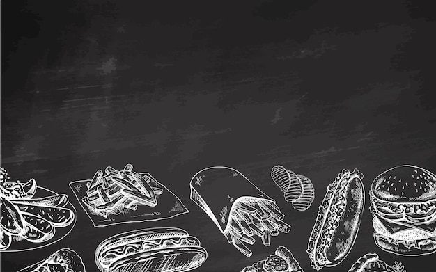 Esbozos monocromáticos dibujados a mano de comida callejera, comida para llevar y comida rápida en fondo de pizarra