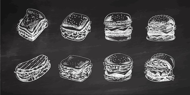 Esbozos monocromáticos dibujados a mano de diferentes hamburguesas y sándwiches con tomate de ensalada de queso y tocino