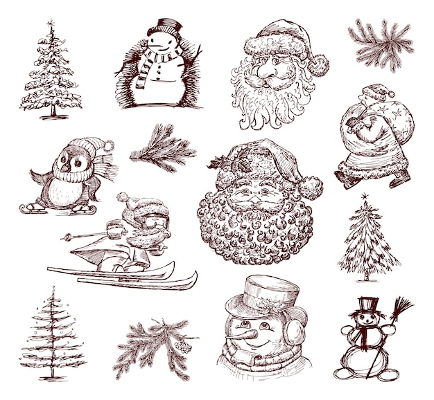 Esbozos de símbolos navideños conjuntos vectoriales dibujados a mano dibujos ilustrados
