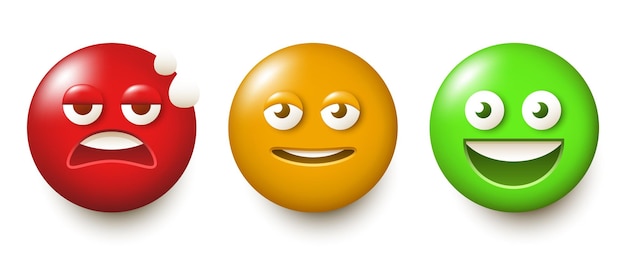 Vector escala de calificación o escala de dolor en forma de emoticones tres sonrisas de rojo a verde sonrisas