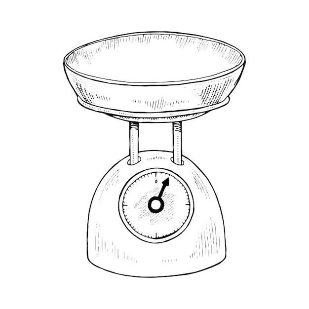 Escala de cocina Ilustración dibujada a mano por vector Medición del peso de los alimentos Dibujo de línea blanca y negra de época en el fondo Clipart de equilibrio vacío para diseño gráfico Elemento de cocina de estilo retro