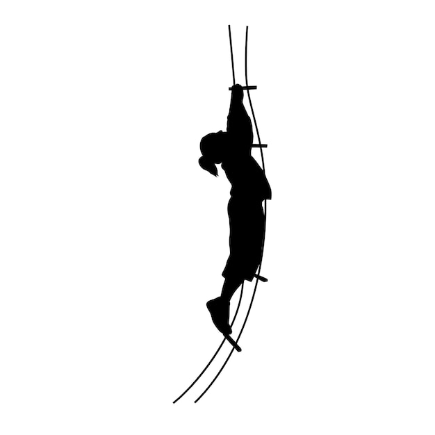 Escala de cuerda niña pequeña subiendo en la silueta de la escalera de cuerda