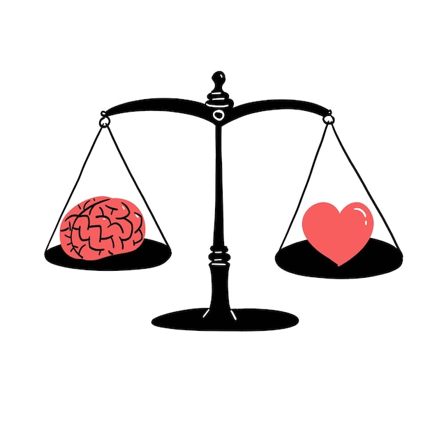 Esta escala de equilibrio con un cerebro en un lado y un corazón en el otro