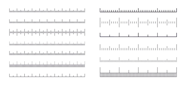 Escala de medida. Regla con marcas de metros, centímetros o pulgadas, gráfico de longitud de línea sin números. Reglas de ilustración vectorial con tabla de escala de medición