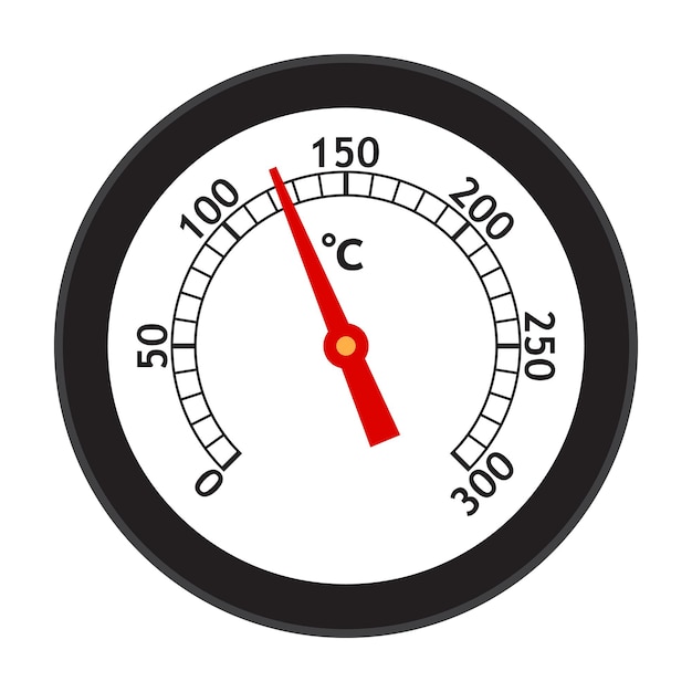 Escala de termómetro redonda 0300C aguja roja que apunta a 150C fondo blanco marco negro