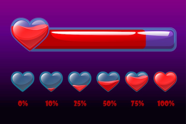Escala de vida en porcentaje, barra de salud con corazones para juego.
