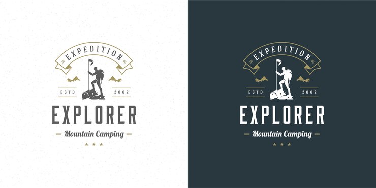 Escalador logo emblema aventura al aire libre expedición vector ilustración alpinista hombre silueta