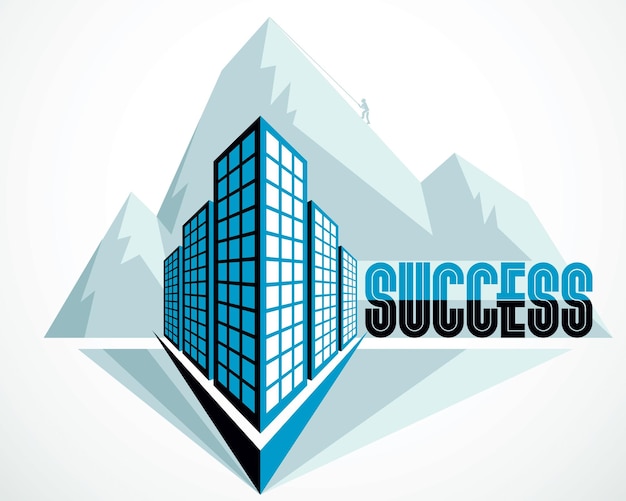 Escalador de roca como concepto de alcanzar el objetivo del éxito detrás del edificio de oficinas de negocios de arquitectura moderna. Concepto de carrera. ilustración vectorial Centro inmobiliario inmobiliario, fachada futurista.