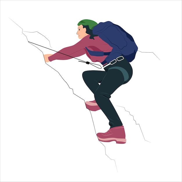 Vector escalador tratando de escalar una montaña nevada con cuerda, diseño de ilustraciones vectoriales