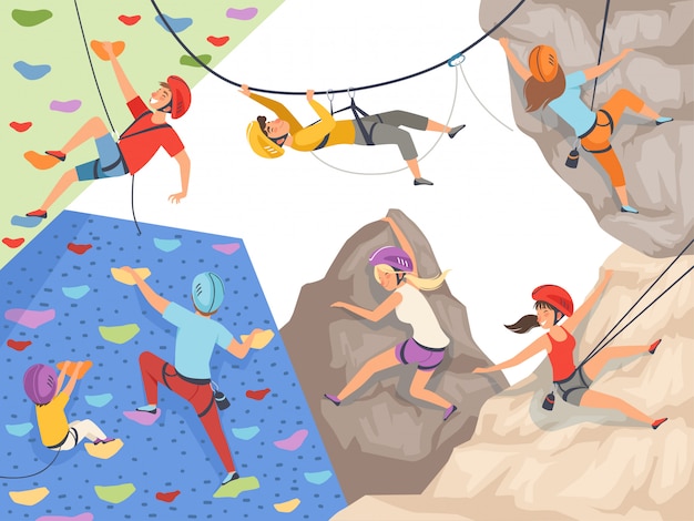 Vector escalar personajes. deporte extremo pared de acantilado rocas y piedras grandes colinas rocosas y montañas explorar deportistas masculinos y femeninos