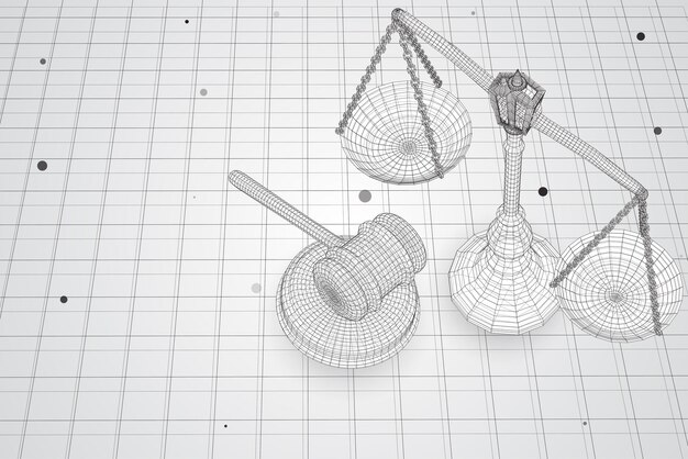 Las escalas 3d virtuales y el martillo de un juez están en el fondo del vector de la mesa