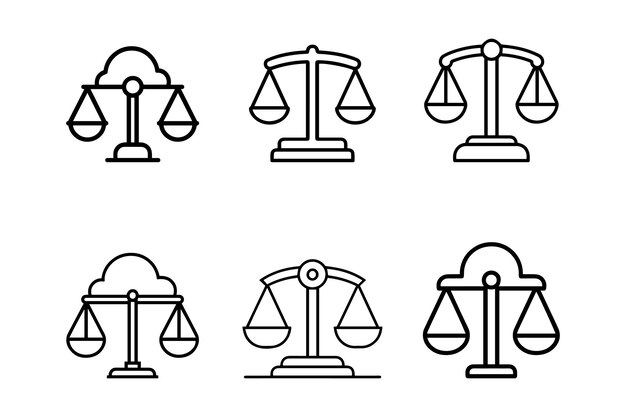 Escalas de icono de justicia Icones de conjunto de elementos de ley y justicia Plano