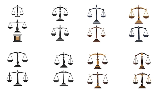 Escalas de íconos de justicia Un conjunto diverso de gráficos vectoriales para temas de ley, justicia y equilibrio