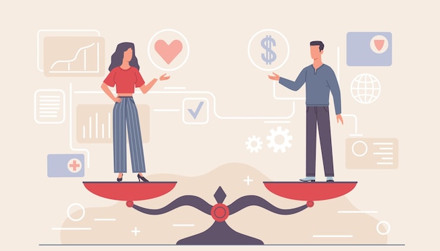 Escalas de igualdad de género Hombre y mujer parados en tazones de equipos de medición de peso Comparación de diferentes valores Equilibrio profesional Vector equivalente de empleo masculino y femenino