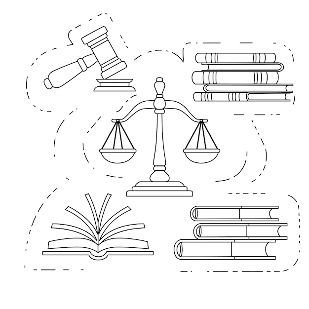 Vector escalas de justicia y juez de madera mazo ley martillo signo con libros de leyes leyes legales y símbolo de subasta ilustración vectorial plana sobre estilo de esquema de fondo blanco