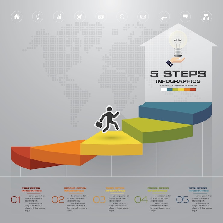 Vector escalera de 5 escalones de elemento infográfico para presentación.