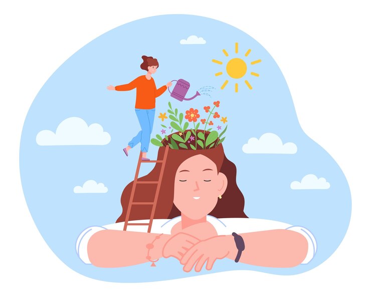 Vector escalera en cabeza de flores persona sanar mente apreciación del cerebro salud mental perfil psicológico crecimiento de pensamiento optimista flores florecientes dentro de la cabeza sana ilustración vectorial