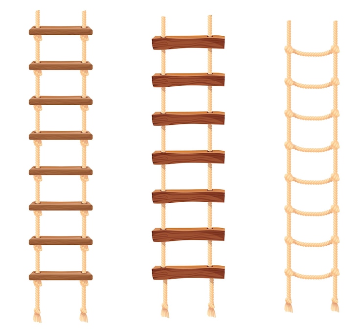 Vector escalera de cuerda atar escaleras de cuerda escaleras con escaleras de madera varilla vertical arriba o puentes horizontales escalera portátil para subir y bajar ilustración limpia de dibujos animados
