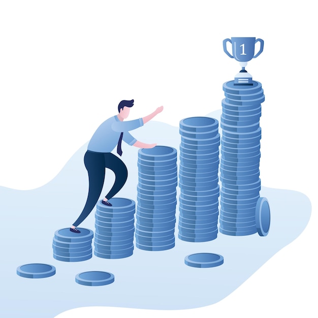 Escalera hecha de pilas de monedas copa ganadora en la ilustración de vector de concepto de éxito superior o beneficio