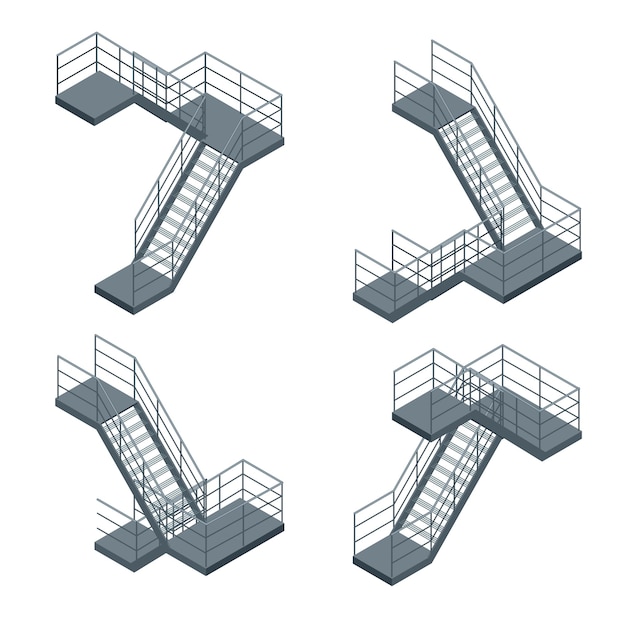 Vector escalera isométrica. vector conjunto de varias escaleras metálicas sobre el fondo blanco.