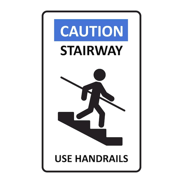 Vector escalera de precaución utilice el letrero de pasamanos. un hombre baja las escaleras y se agarra a la barandilla. una señal de advertencia de peligro. ilustración de vector aislado sobre fondo blanco.