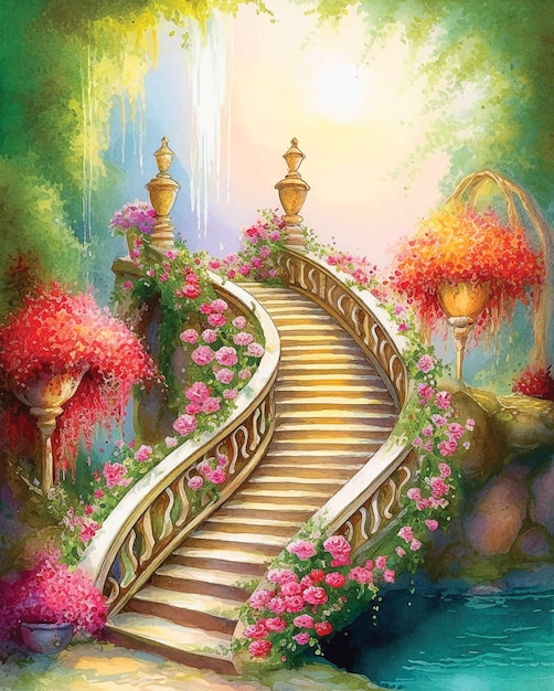 Escalera de puente con pintura de acuarela de flores.