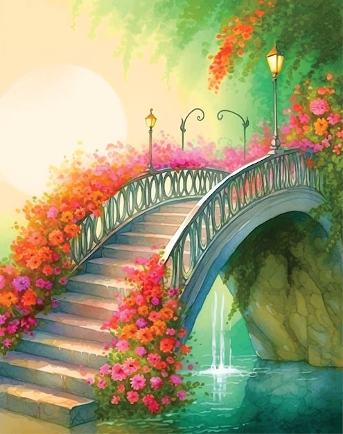 Vector escalera de puente con pintura de acuarela de flores.